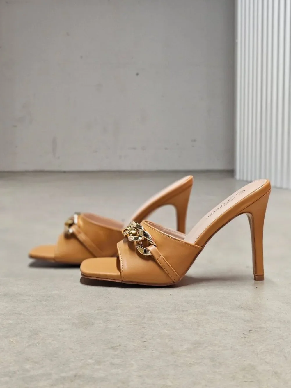 Tan Open-Toe Stiletto Heels With Gold Chain Detail